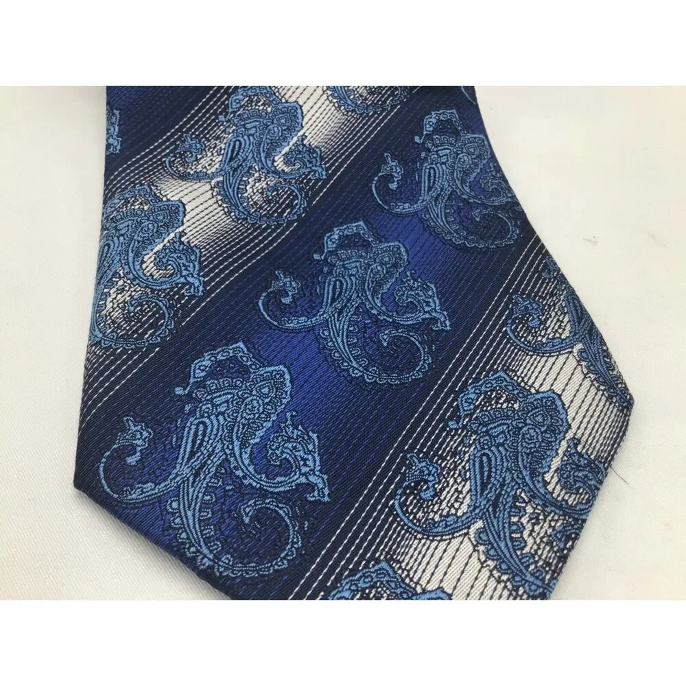 Enzo Brunatti Silk Tie Blue Paisley Striped Handmade 4 Inch Elegant Career